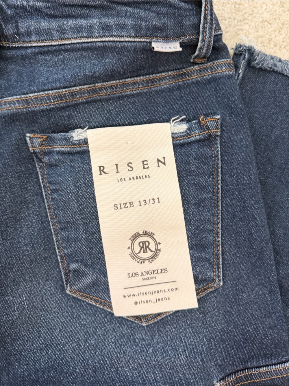 Risen Dark Indigo Cropped Cargo Jeans with Frayed Hem - Picture 6 of 7